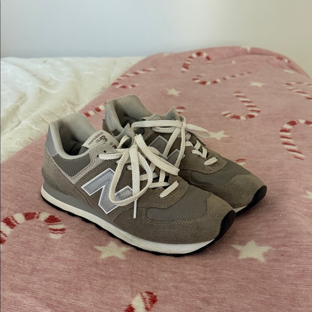 New Balance Taupe and White Running Shoes